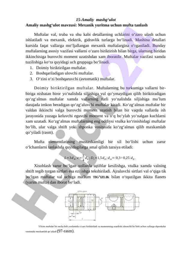 Mexanik yuritma uchun mufta tanlash amaliy mashg‘ulot