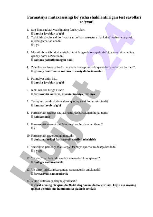 Farmatsiya test savollari ro'yxati