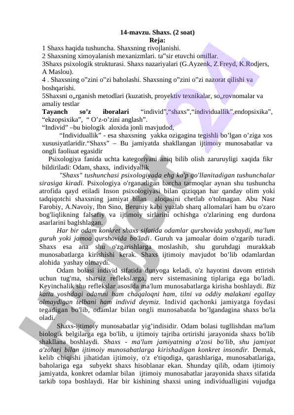 Shaxs psixologiyasi: tushunchalar va nazariyalar