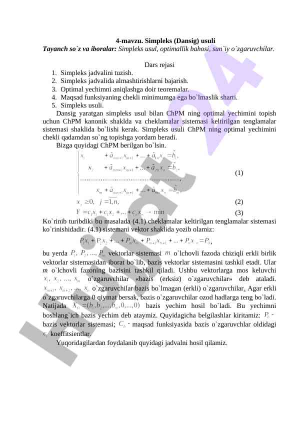 Simpleks usuli va optimallik bahosi