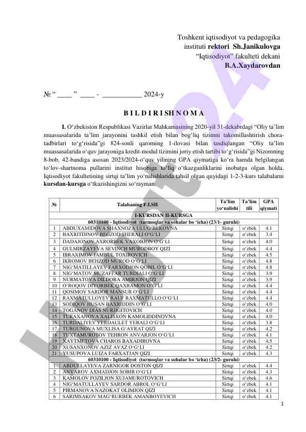 Kredit-modul tizimini joriy etish tartibi