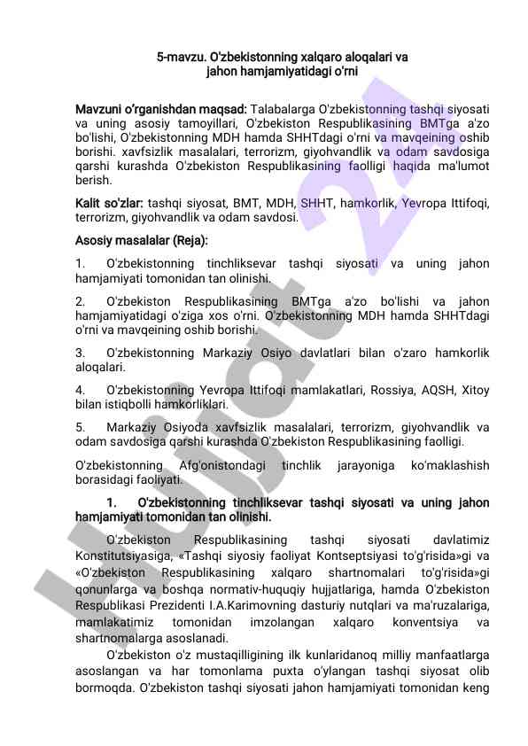 O'zbekistonning xalqaro aloqalari va jahon jamiyatidagi o'rni