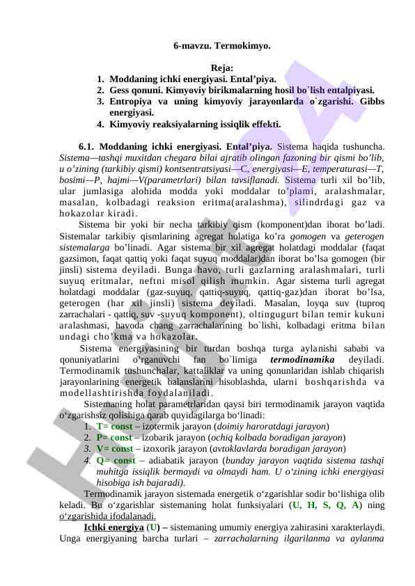 Ichki energiyasi va ental’piya asoslari