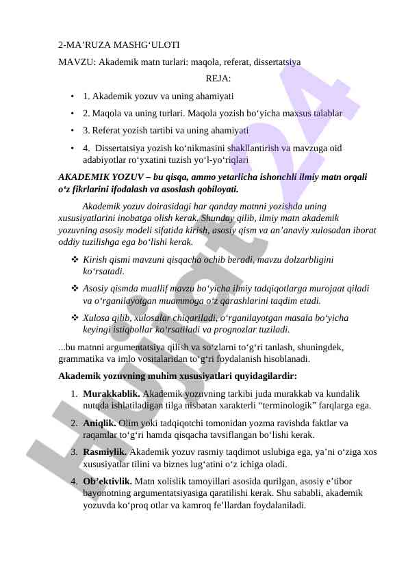 Akademik matn turlari maqola referat dissertatsiya