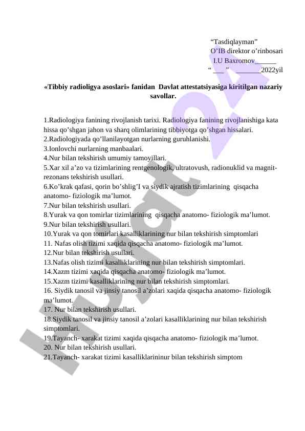 Tibbiy radiologiya asoslari davlat attestatsiyaji
