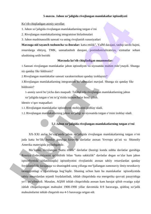 Jahón xo'jaligida rivojlangan mamlakatlar iqtisodiyoti
