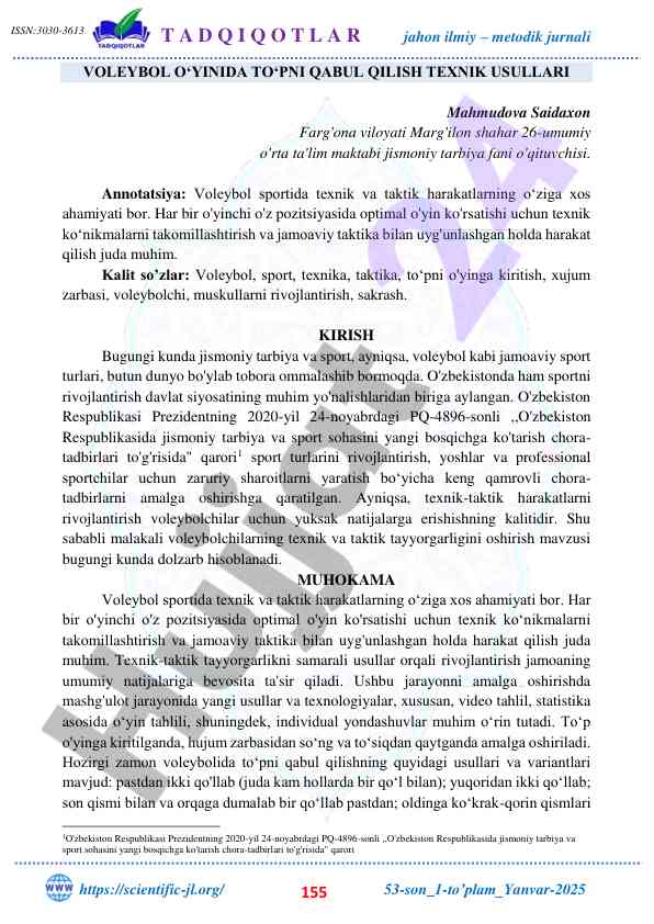 Voleybolda to'pni qabul qilish texnik usullari