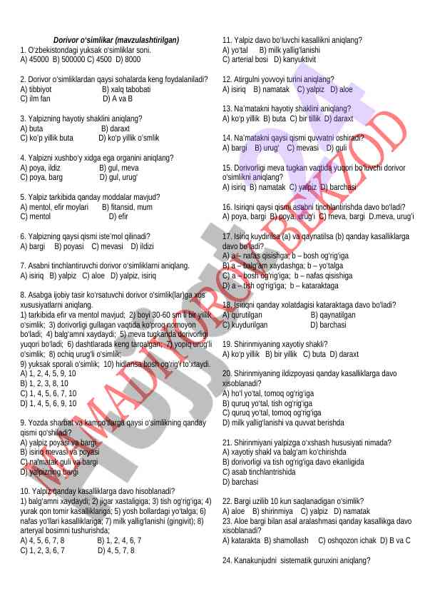 Dorivor o‘simliklar bo‘yicha test savollari