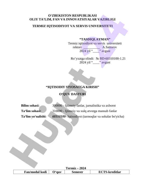 Iqtisodiy siyosatga kirish oʻquv dasturi