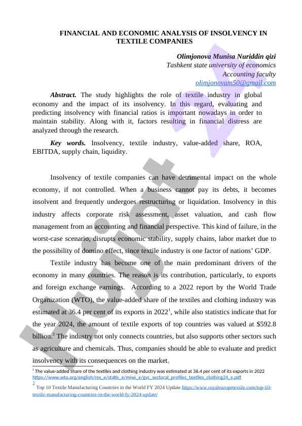 Financial and economic analysis of insolvency in textile