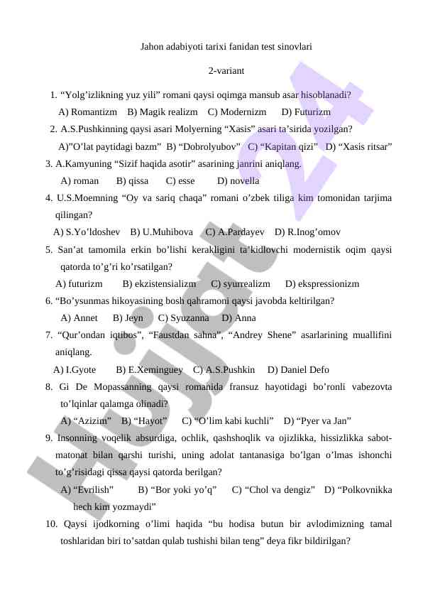 Jahon adabiyoti tarixi fanidan test sinovlari