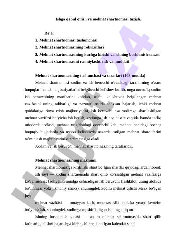 Ishga qabul qilish va mehnat shartnomasi tuzish