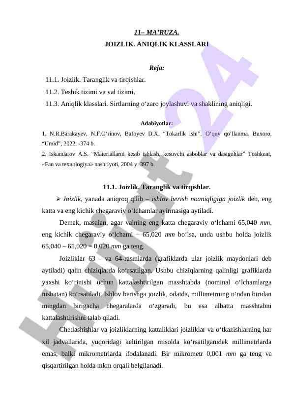 Aniqlik klasslari va joizlik tizimi mavzusi