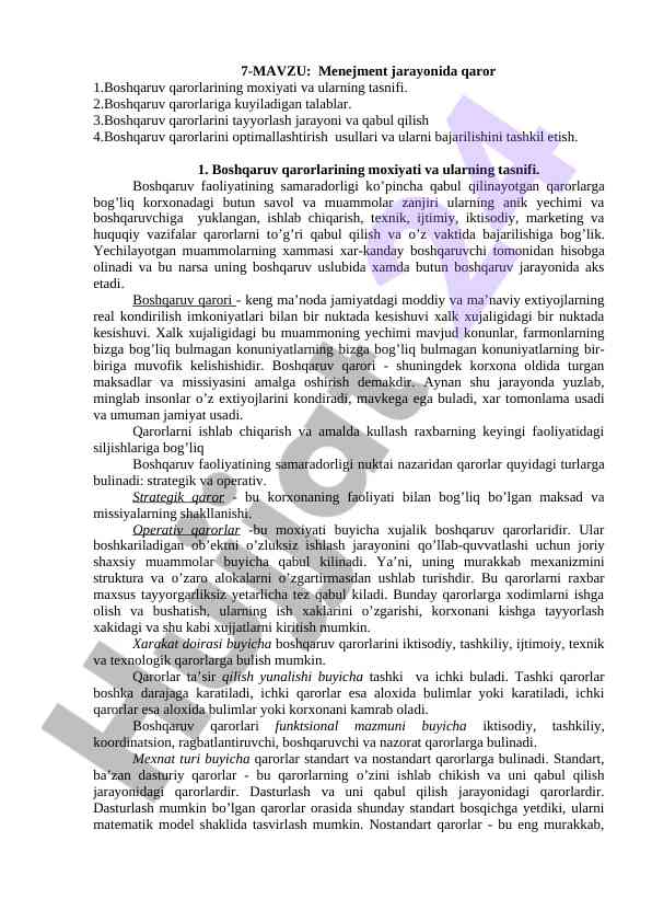 Menejment jarayonida qarorlar va ularning tasnifi