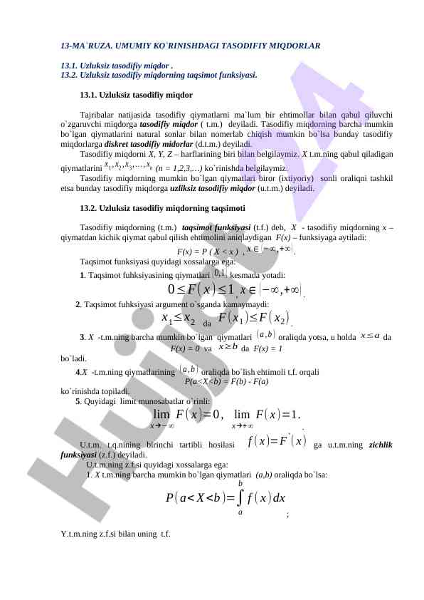 Uzluksiz tasodifiy miqdorlar haqida ma'ruza