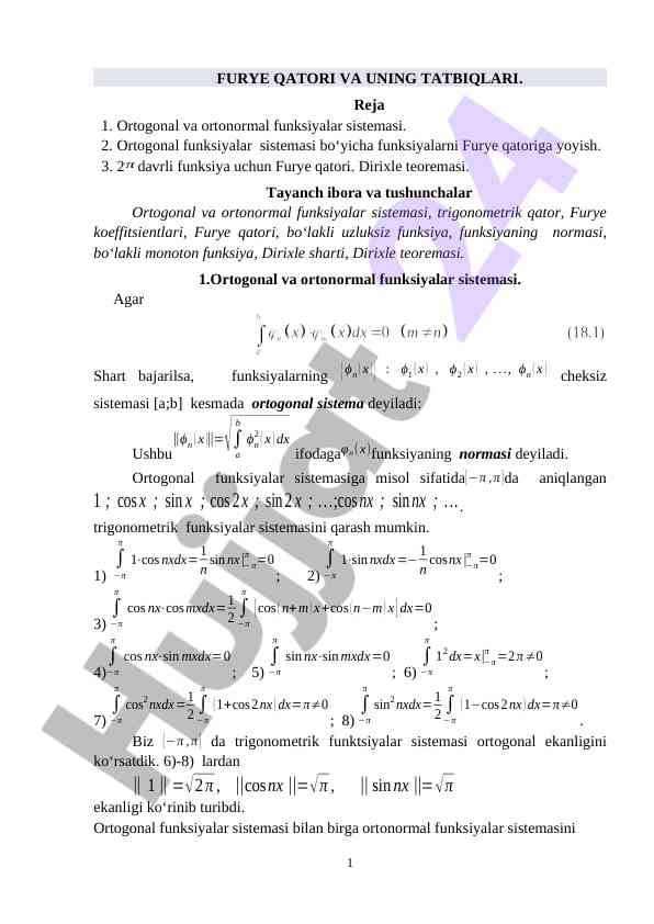 Furye qatorlari va ularning tatbiqlari