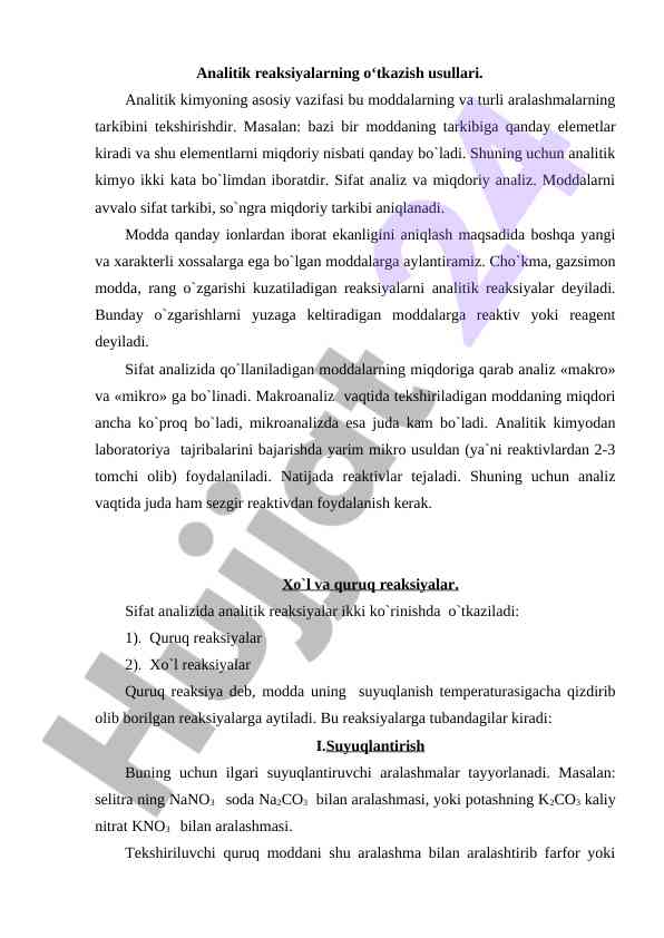 Analitik reaksiyalarni o‘tkazish usullari