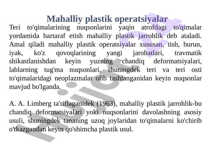 Mahalliy plastik jarrohlik va uning qo'llanilishi