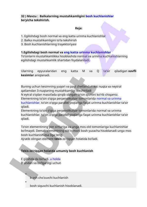 Balkalarning mustahkamligi bosh kuchlanishlar bo'yicha tekshirish