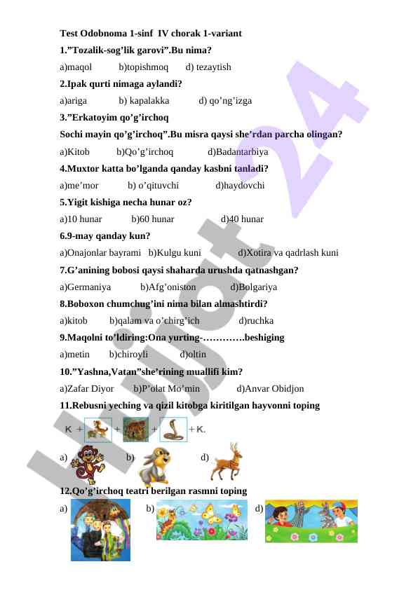 Test odobnoma 1-sinf iv chorak 1-variant