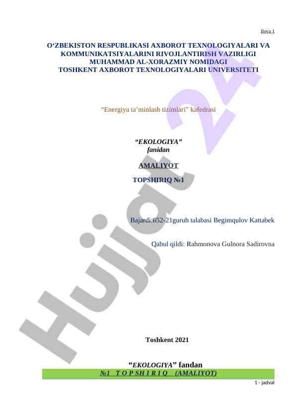 Energiya ta'minlash tizimlari amaliyot topshiriqi
