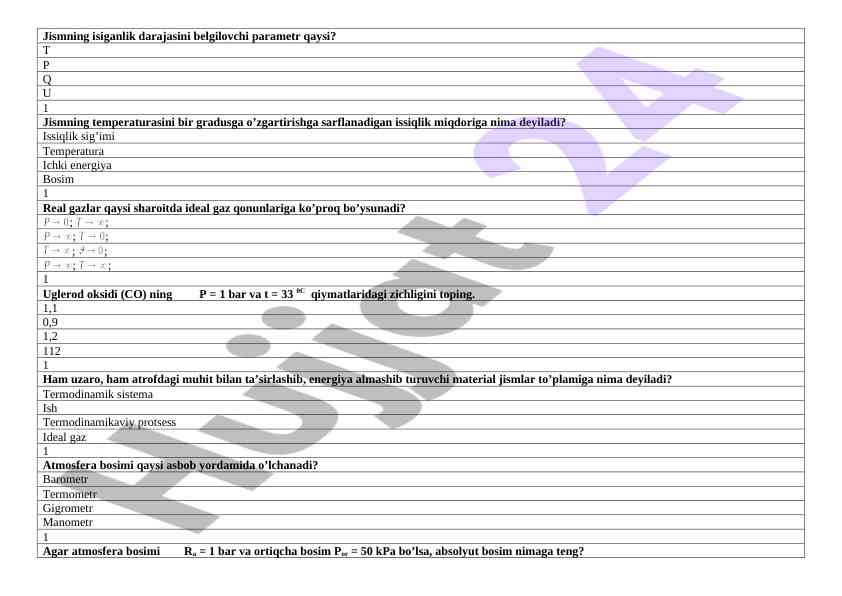 Termodinamik tizimlar va ideyal gazlar testi