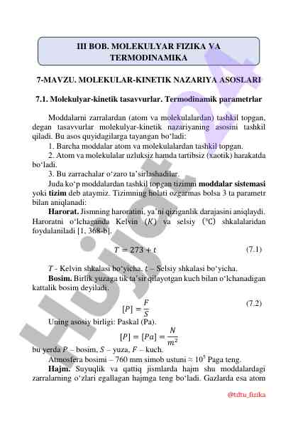 Molekular-kinetik nazariya asoslari va parametrlar
