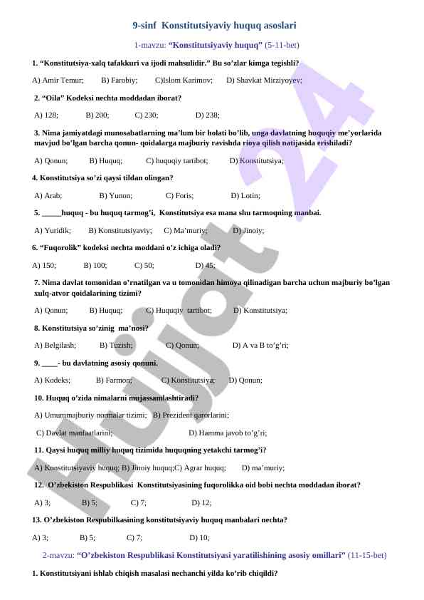 Konstitutsiyaviy huquq asoslari 9-sinf mavzu