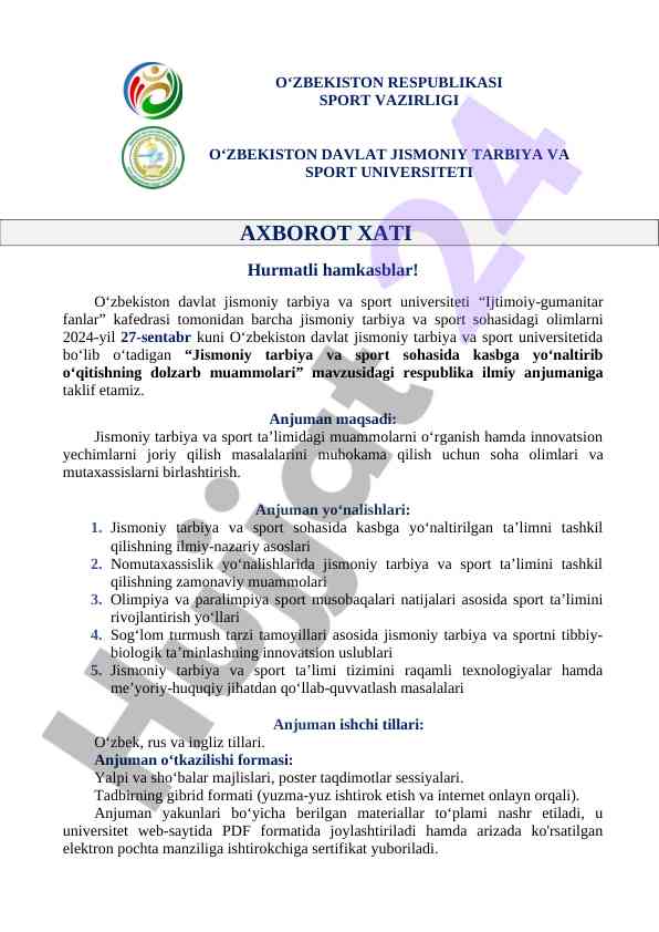 Jismoniy Tarbiya Va Sport Sohasida Anjuman