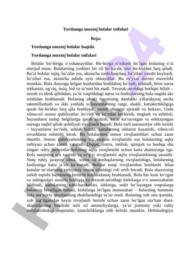 Yordamga muxtoj bolalar toifalari haqida ma'lumot