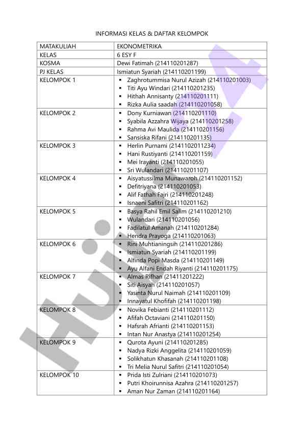 Informasi kelas dan daftar kelompok ekonometri