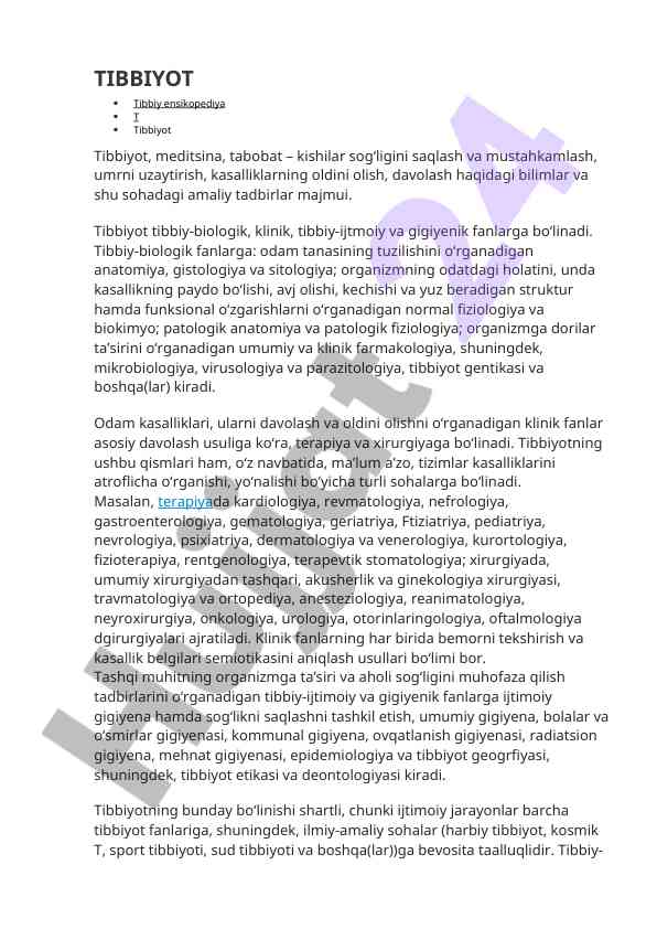 Tibbiyot fanlari tahlili va amaliy tadbirlar