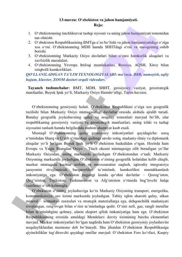 O‘zbekiston va jahon hamjamiyati tashqi siyosati
