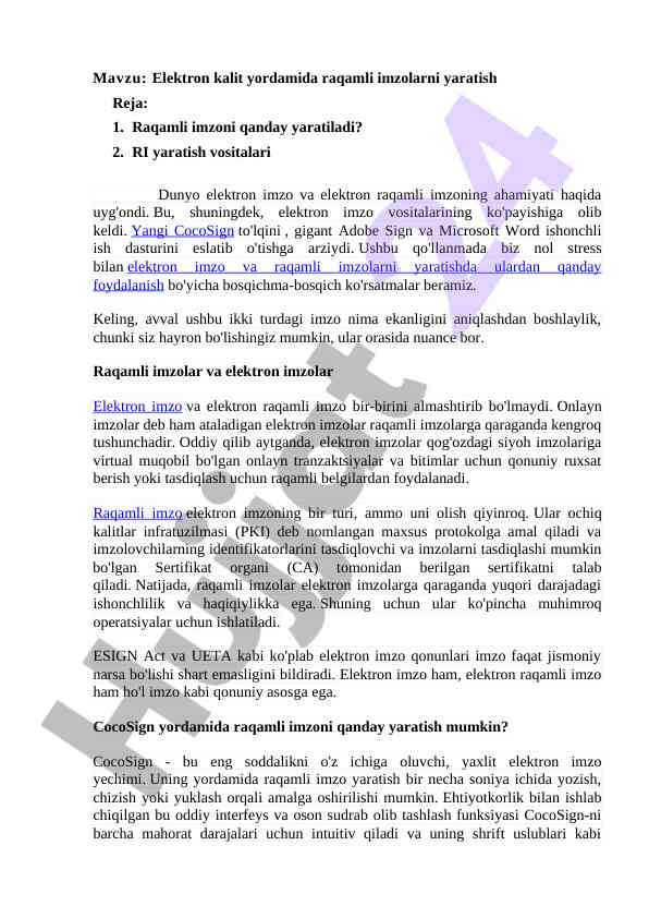Elektron kalit yordamida raqamli imzolarni yaratish