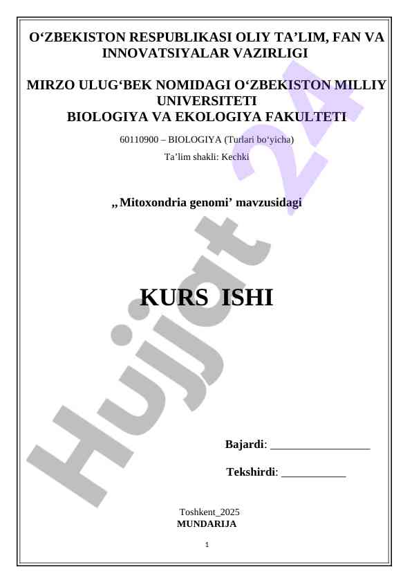 Mitoxondrial genomiga bagʻishlangan kurs ishining mavzusi