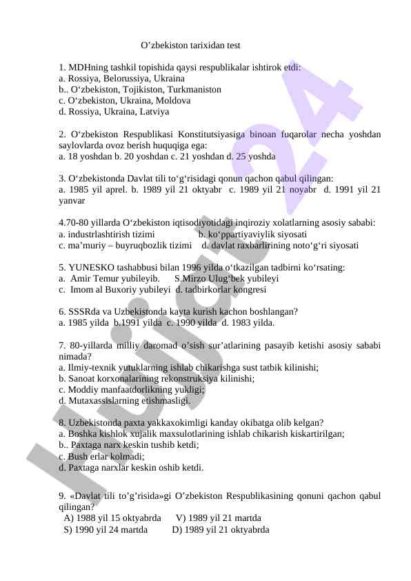 O’zbekiston tarixi bo’yicha test savollari