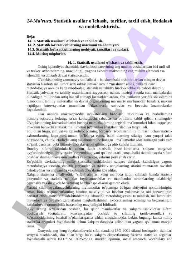 Statistik usullar o‘lchash va tahlil eting
