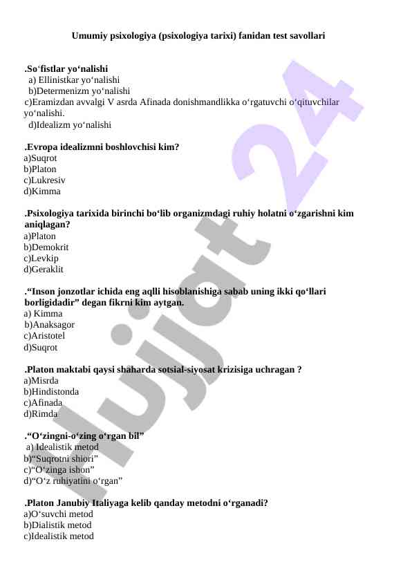 Umumiy psixologiya test savollari tarixi