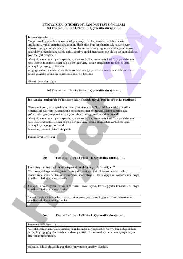 Innovatsiya iqtisodiyoti fanidan test savollari