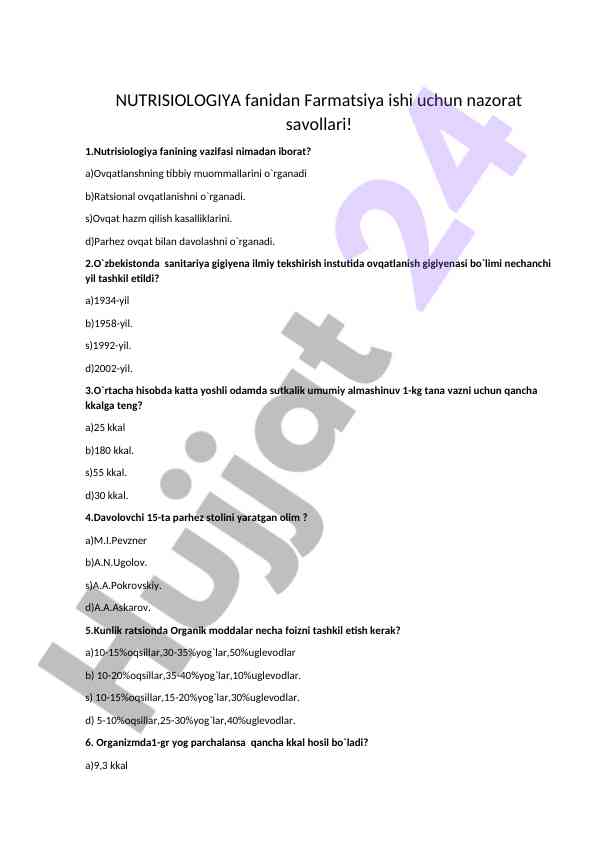Nutrisiologiya fanidan farmatsiya ishiga nazorat savollari