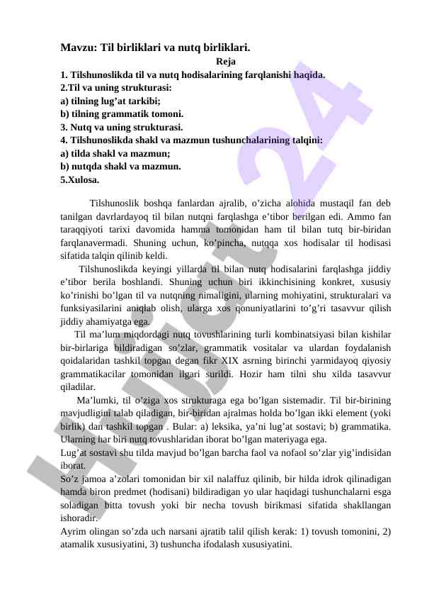 Til birliklari va nutq birliklari tahlili