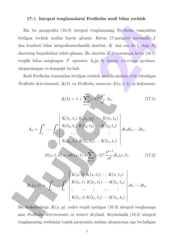 Integral tenglamalarni fredholm usuli bilan yechish