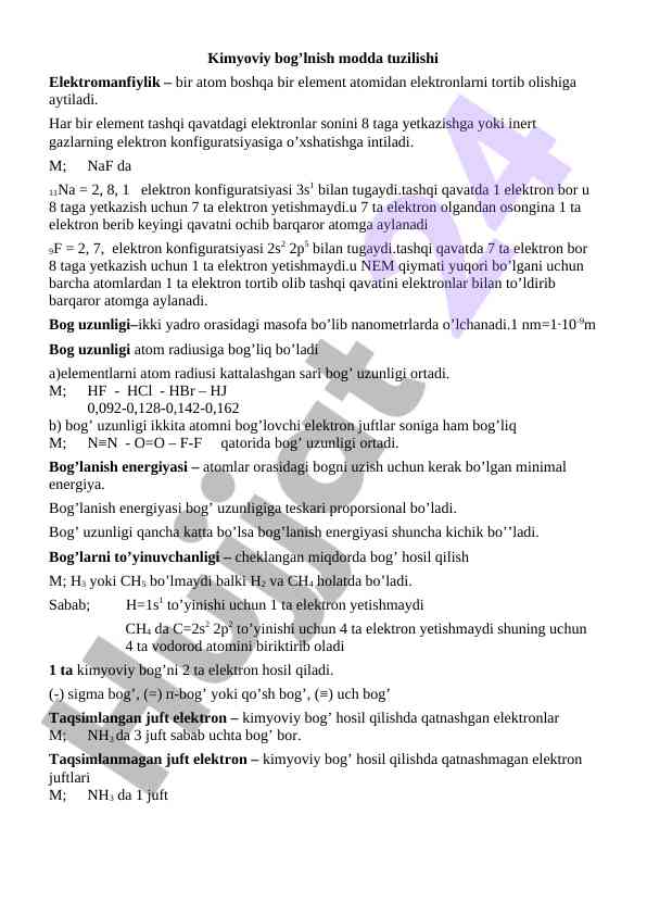 Kimyoviy bog’lanish va modda tuzilishi