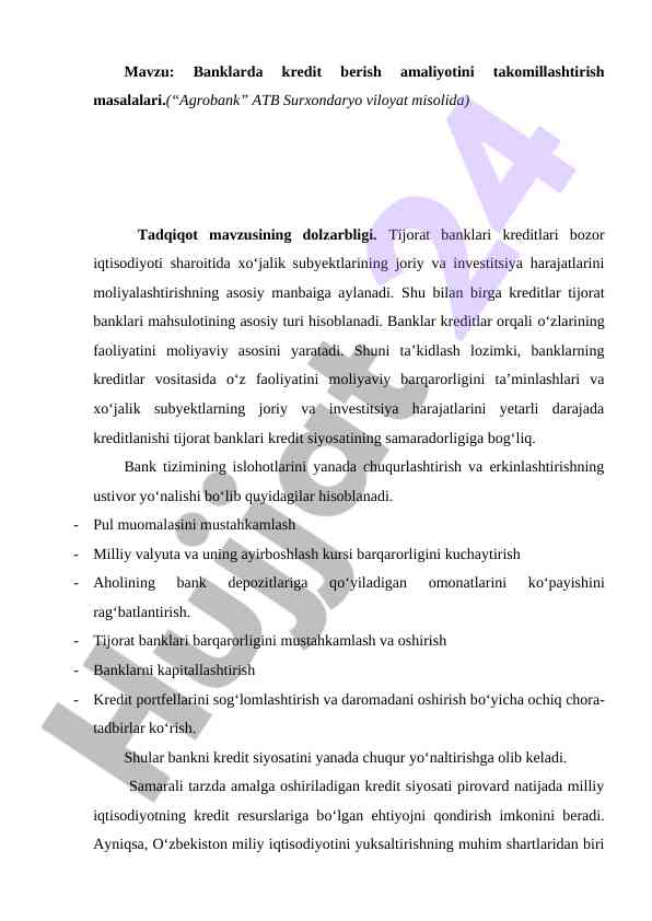 Banklarda Kredit Berish Amaliyotini Takomillashtirish