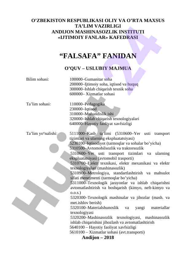 Falsafa fanidan o‘quv – usuliy majmua