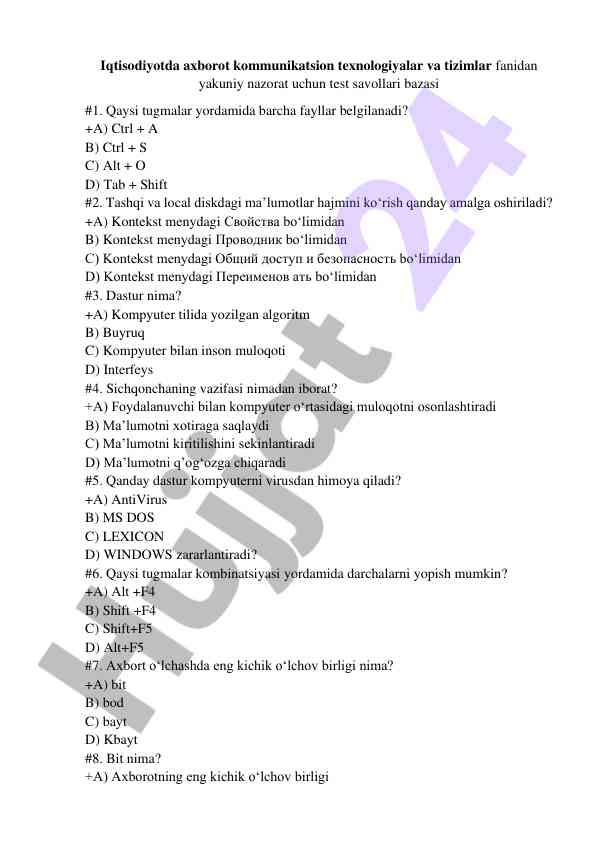 Iqtisodiyotda axborot texnologiyalari test savollari