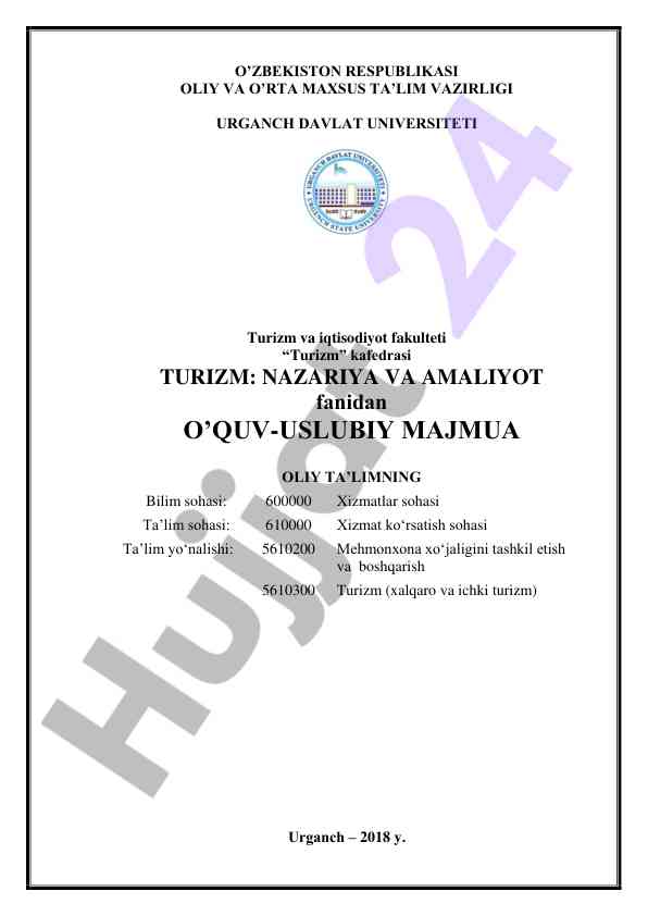 Turizm nazariya va amaliyot o‘quv uslubiy majmua