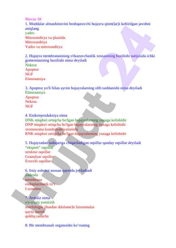 Hujayra biologiyasi bo'yicha savollar