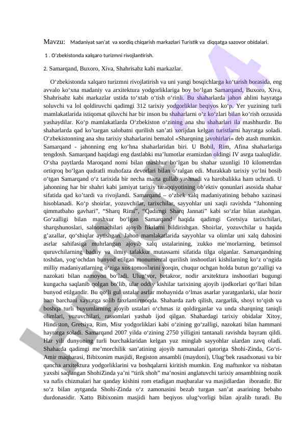 O‘zbekistonning tarixiy shaharlarida turizm