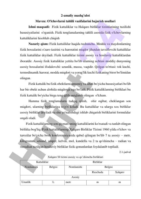 Fizik kattaliklar tizimi va o'lchovlarni tahlili